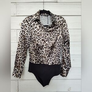 ZARA Women's Bodysuit Black Brown Leopard Animal Print Top XS
